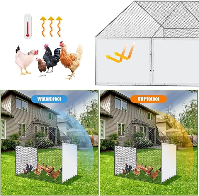 VitalCozy 2 Pcs Chicken Coop Cover Waterproof 6.3 x 3.9 ft Chicken Run Cover Coop Tarp Accessories for Winter with 50 Pcs Ball Bungees Cords for Outdoor (White)