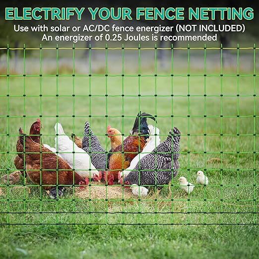 Electric Poultry Fence Netting - 164'L x 41.5" H, Portable Movable Nets Mesh for Chickens, Ducks, Geese, Rabbits, Electric Fencing for Backyards, Homesteaders, Farms Ranches, and Gardens