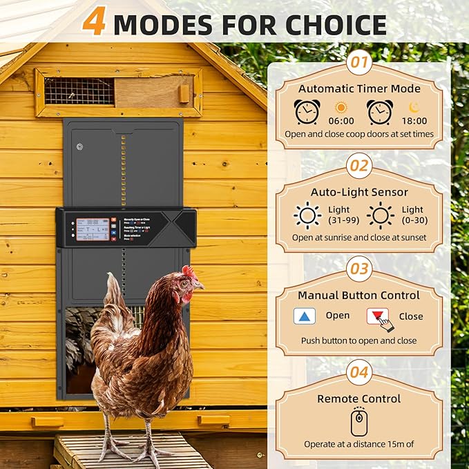 Automatic Chicken Coop Door, 4 Modes LCD Display Chicken Coop Door Solar Powered with Timer & Light Sensor, Aluminum Alloy Automatic Chicken Door with Anti-Pinch, IPX4 Waterproof