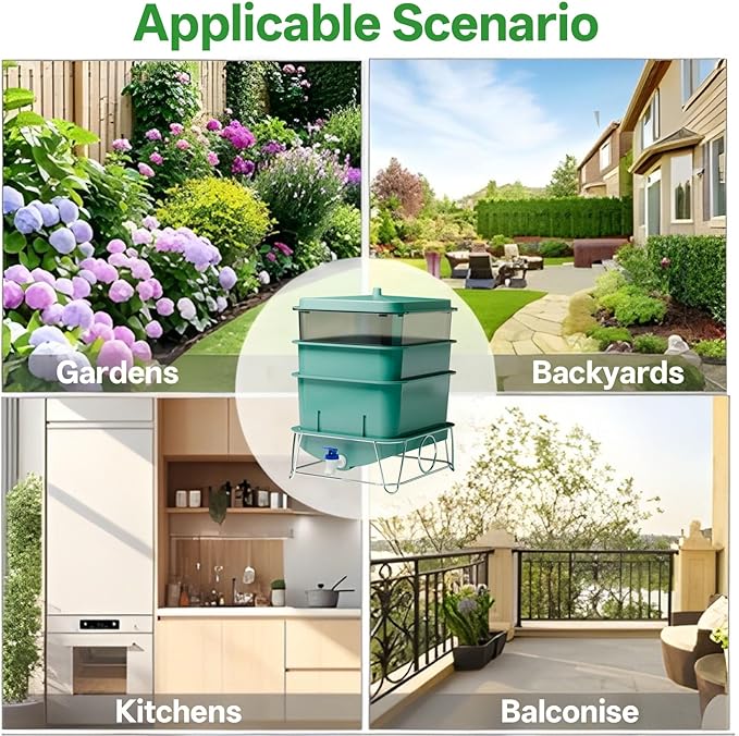 3-Tray 15L Worm Farm Composting Bin with Tool Set - Efficient Indoor/Outdoor Composter for Organic Waste Recycling, Beginner-Friendly Kit for Healthier Plants (Green)