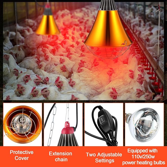 Honoson 4 Pcs 250w Chicken Heat Lamp for Winter Chicken Coop Heater Brooder Heater with Heat Lamp Aluminum Alloy Shade & 6.6' Hanging Chain Radiant Chick Coop Accessories Heated Warmer for Chick Pet