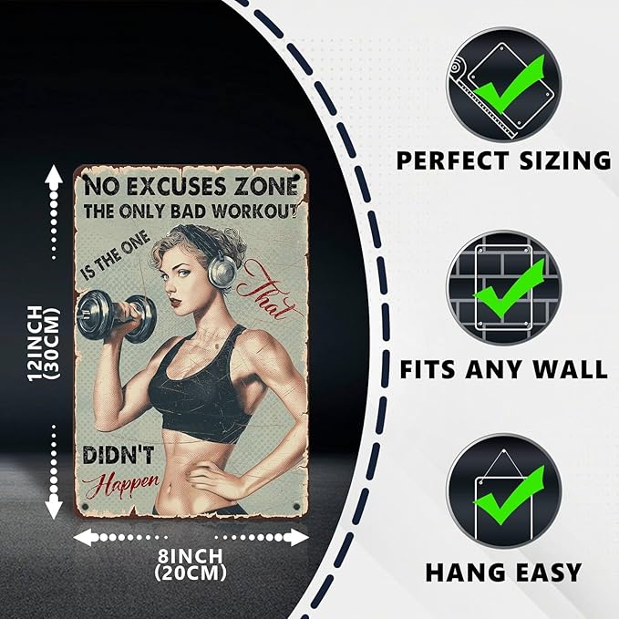Vintage No Excuses Zone Metal Sign Retro Girl Lifting Dumbbells Fitness Tin Sign Nostalgic Art for Home Gym Personal Studio Wall Decor Living Room Garage Cafe Bar 12 * 8 In