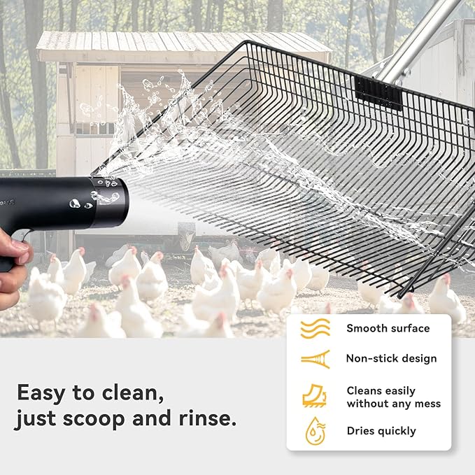 AiQInu Chicken Poop Scooper & Rake 2-in-1, Adjustable Stainless Steel 15 in Chicken Coop Scoop for Poop with 24 to 90" Long Handle, Sifting Shovel for Chicken Coop/Goat Stall/Stable Cleaning