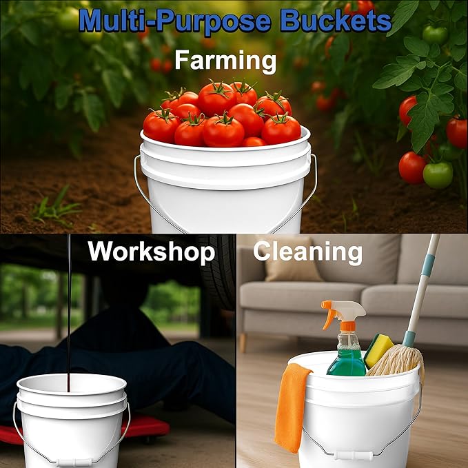 2-Gallon Bucket with Airtight Lid – Made in USA, Food Grade BPA Free Plastic, Heavy Duty Multi-Use, Metal Handle with Grip, Stackable Storage – White, 3 Pack