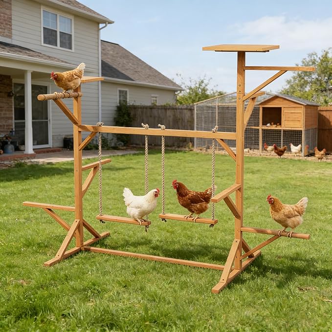 Chicken Roosting Bars with Ladder & 2 Swings, Wooden Chicken Coop Roosting Perch for Run, Perfect for Multiple Chicks, Backyard Coop & Farm Use