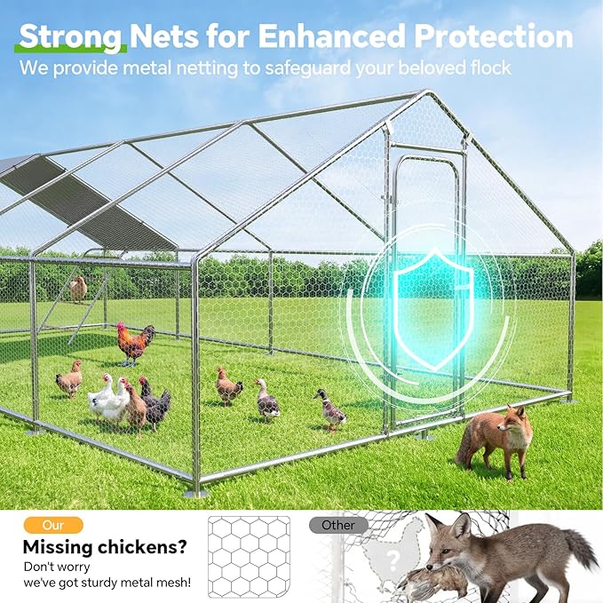 Large Metal Chicken Coop Run with Roosting Perch– Outdoor Waterproof & UV-Resistant Cover for Chickens, Ducks, Rabbits, and Hens in Yard or Farm Use Spire Roof(13.1'Wx26.2'Lx 6.5'H)