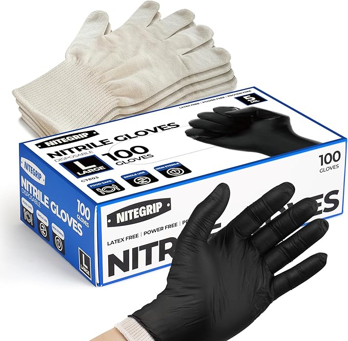 Disposable BBQ Gloves Kit – 100 Black Nitrile Gloves (5 Mil, Latex-Free) + 4 Washable Cotton Glove Liners, Non-Slip for Grilling, Smoking, Meat Handling, Food Prep (Large)