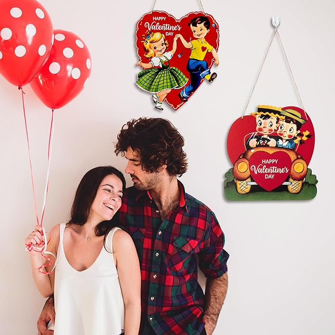 Laffact Vintage Valentine Door Sign - 2Pcs Red Heart Boy Girl Happy Valentine’s Day Door Sign Rustic Farmhouse Hanging Wooden Signs Wall Plaque Retro Valentine Sweet Decor for Home Front Door Window