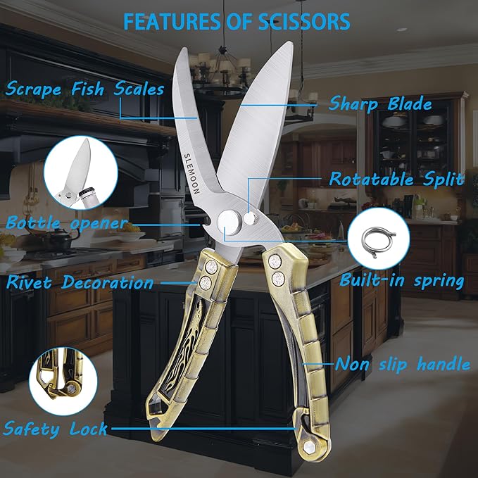 Kitchen Shears Heavy Duty Poultry Shears for Bone,Chicken,Turkey,Meat,Fish and Pizza Cutting Board Kitchen Scissors All Purpose for Food Ideal for Chef and Home Cooking,Dishwasher Safe Brass