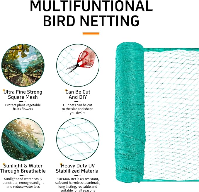 Garden Netting, 50' x 50' Heavy Duty Bird Netting Deer Fence Net, 1.6" Mesh Poultry Netting for Chicken Coop, Run & Garden, Protect Fruit Trees, Vegetables from Birds, Deer,Hawk, Squirrels