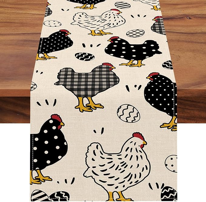 Seliem Chicken Hen Table Runner, Black White Eggs Plaid Polka Dots Farm Kitchen Dining Table Decor, Spring Farmhouse Burlap Home Decoration Indoor Outdoor Party Supply 13 x 36 Inches