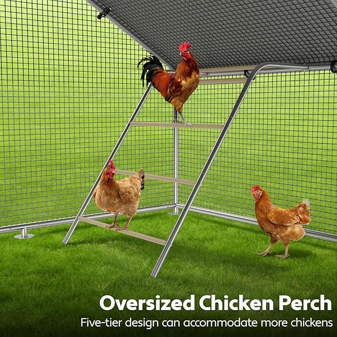Large Metal Chicken Coop Run with Roosting Perch, Outdoor Poultry Cage with Heavy Duty Wire Mesh and UV-Resistant Cover for Chickens Use, Spire Roof (8.9'W x11.8'L x 6.6'H)