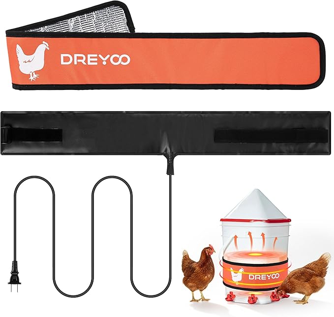 Dreyoo Thermo Bucket Belt with Insulated Wrap, Fits 2-5 Gallon Chicken Waterer, Auto-Thermostatic Chicken Waterer Heater with 5.9ft Power Cord, Energy-Efficient & Durable, Safe to -10°F