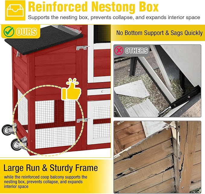 Aivituvin Mobile Chicken Coop with Wheels for 4-6 Chickens, Backyard Expandable Chicken House Duck Cage with Run, 2 Nesting Boxes, Easy Clean Pull-Out Tray, Leak-Resistant Asphalt Roof, 82.4"(Red)