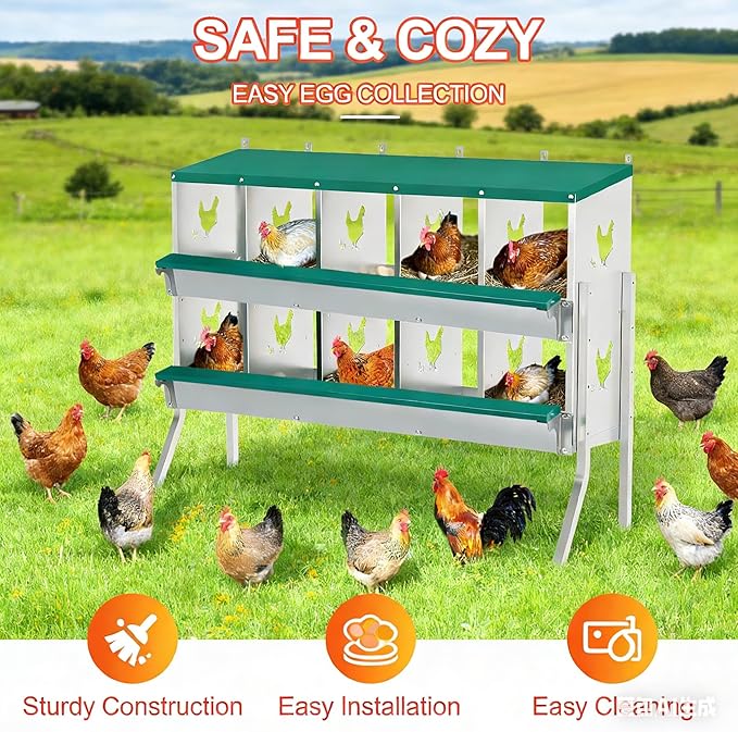 Chicken Nesting Box 10 Compartment with Legs 10 Pet Moisture Pads and 4 Fake Eggs Roll Away Egg Collection, Perch, Lid Cover for Egg Protection - Wall Mount Nest Box for Chickens, Hens, Ducks