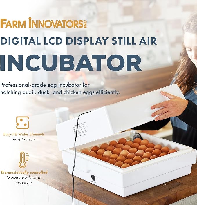 Farm Innovators 2150 Heated Digital LCD Display Still Air Incubator for 4 Dozen Eggs with Deep Bottom Tray and 360 Degree Viewing Window, White