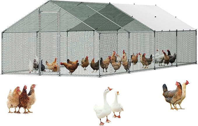 VEVOR Large Metal Chicken Coop with Run, 9.8x26.5x6.5 ft Walk-in Chicken Runs for Yard with Cover, Spire Roof Hen House with Security Lock for Outdoor and Backyard, Farm, Duck Rabbit Cage Poultry Pen