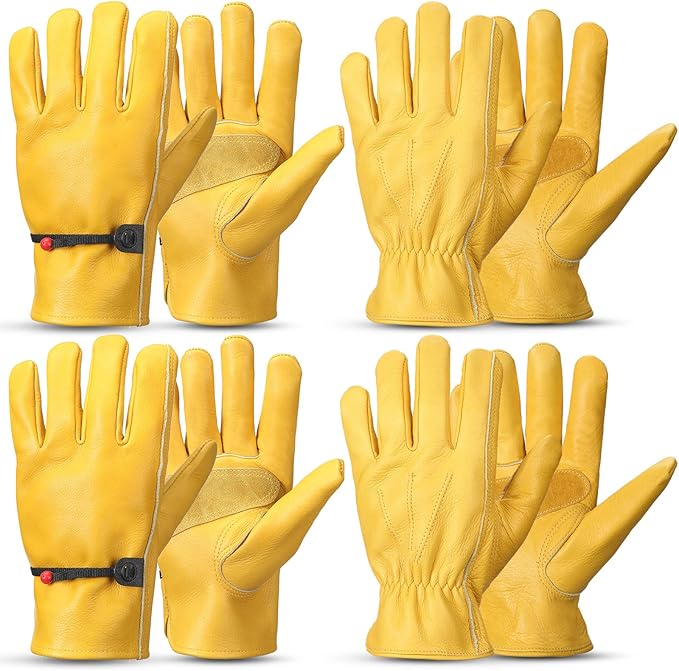 Bencailor 4 Pairs Leather Gloves for Work Leather Gardening Gloves Cowhide Durable Puncture Cut Resistant for Men Women