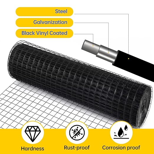 Hardware Cloth, 1/2 inch 48" x 100' Galvanized Chicken Wire Fence, 19 Gauge Vinyl Coated Wire Mesh Roll, Black Welded Wire Fencing Roll Gopher Wire Mesh Roll for Garden Fencing Rabbit Snake Wire