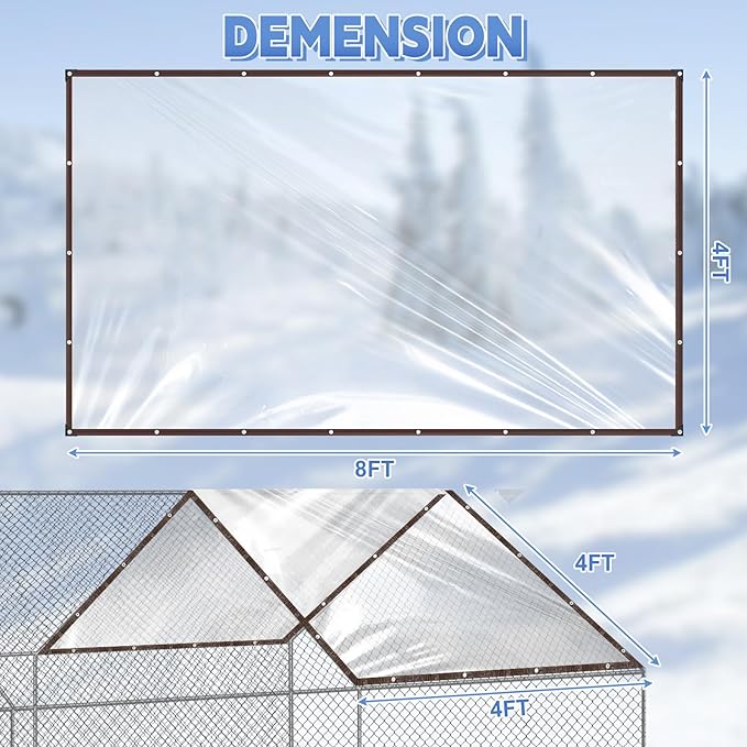 VitalCozy 2 Pcs Chicken Coop Cover 8 x 4 ft Waterproof Clear Tarp Heavy Duty PVC Vinyl Chicken Run Cover Coop Accessories for Outdoor Winter with 25 Pcs Ball Bungees Cords