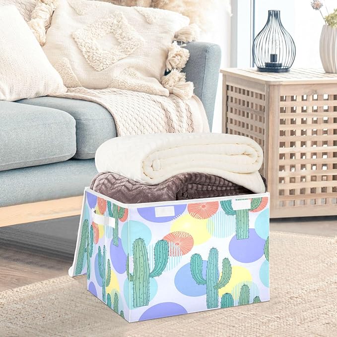Colorful Cacti Circles Storage Bins with Lids Foldable Storage Basket with Handles Collapsible Large Fabric Organizer Containers for Clothes Shelves Closet Office Home