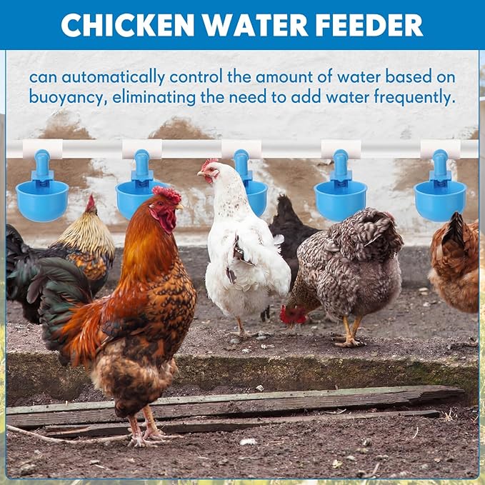 LemonRoad 30 Set Automatic Chicken Waterer Cups with 1/2" PVC Tee Fitting Chicken Drinking Bowl, Poultry Drinker Mounting Hole Opener,Water Dispenser Feeder for Duck, Goose, Turkey, Pigeon(Blue Black)