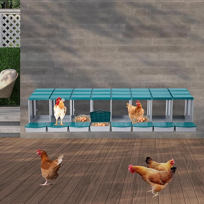 Chicken Nesting Box, 8 Compartments PP Nesting Box, Wall Mountable Nesting Boxes with Inclined Top, Drain Holes & Resting Platform for Chicken and Poultry to Collect Eggs