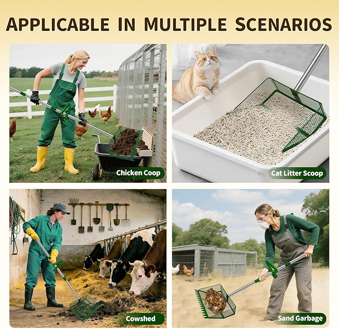 2-in-1 Chicken Coop Scooper: Extra Large 12” Poop Scooper & Rake with Adjustable Handle (37”-65”) | Heavy-Duty Metal Shovel for Quick Pet Waste, Rabbit, Guinea Pig, Barn Cleaning | US Patent Pending
