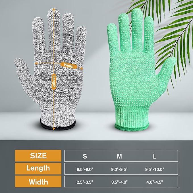 Evridwear Cutting Gloves Level 5 Cut Resistant, Food Safe Gloves with Non-Slip Grip for Kitchen, Meat Cutting & Mandoline Use, 2 Pairs (M, Green + Gray)