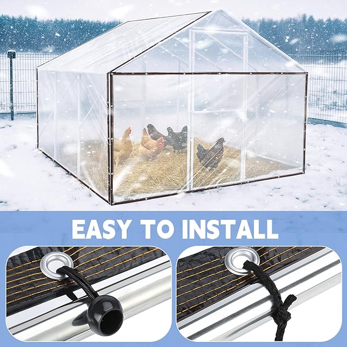 VitalCozy 4 Pcs Chicken Coop Cover 8 x 4 ft Waterproof Clear Tarp Heavy Duty PVC Vinyl Chicken Run Cover Coop Accessories for Outdoor Winter with 50 Pcs Ball Bungees Cords