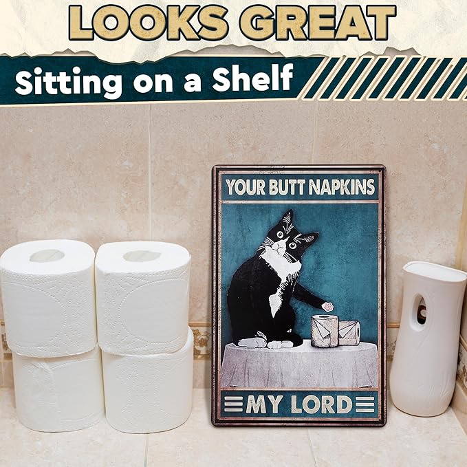 Funny Cat Bathroom Sign – “Your Napkin My Lord” 12 x 8 inch Tin Sign, Rustic Black Cat Wall Decor for Home, Farmhouse Bathroom Metal Plaque, Vintage Cat Wall Art for Toilet or Guest Bath