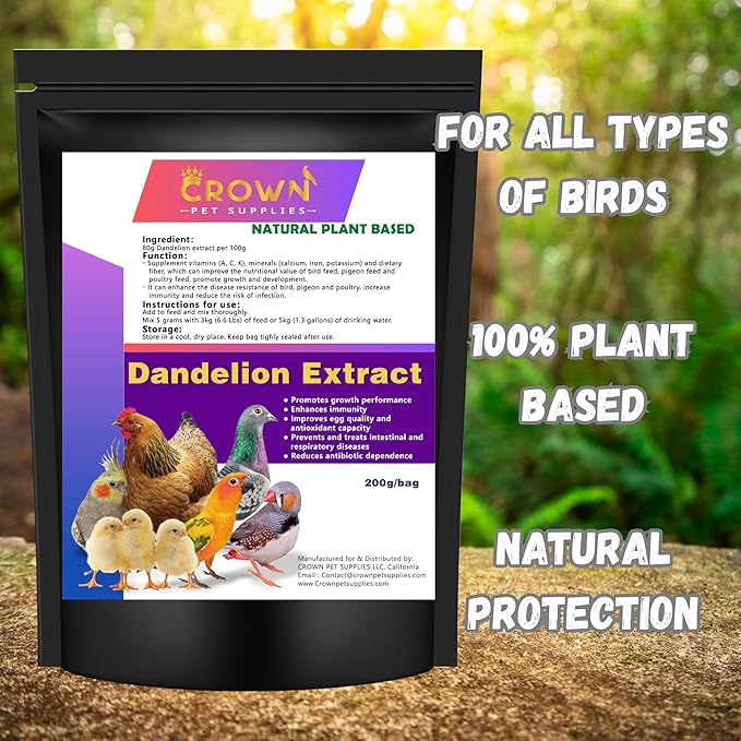 Dandelion Supplement for Birds – All-Natural Herbal - Disease Resistance - Growth Support for Chickens, Pigeons, Poultry & Cage Birds – Sourced from Pure Dandelion Plant