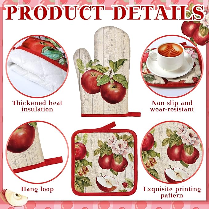 10 Pcs Apple Farmhouse Kitchen Decor Set Dish Towels Kitchen Rugs Oven Mitts and Pot Holders Set for Cooking Baking Grilling Women Mom Daughter Gift (Fruit Color)