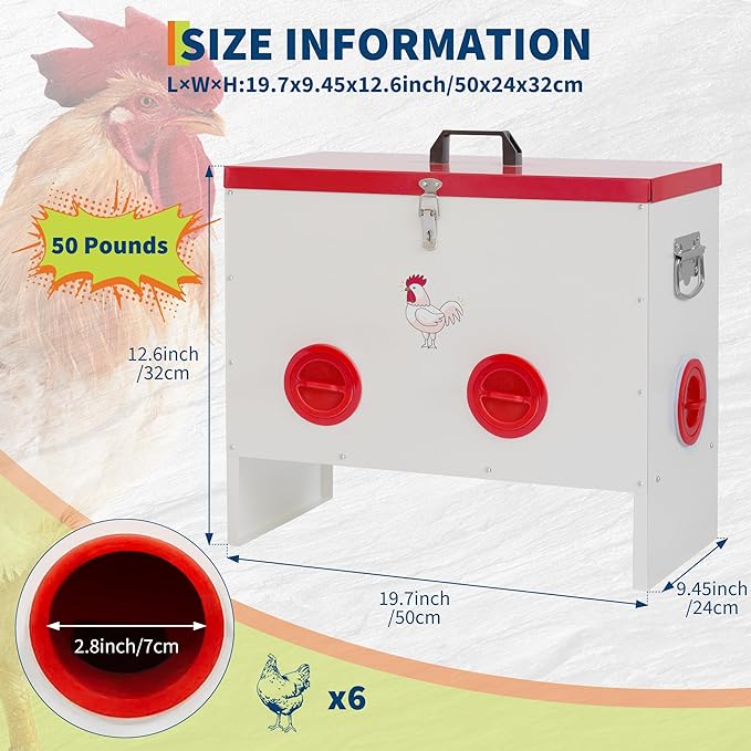 GarveeLife Automatic Chicken Feeder No Waste, 50 LB Poultry Feeder Box Metal Feeders for Chickens Rainproof Chicken Coop Feed Ports for Chickens, Ducks, Turkeys