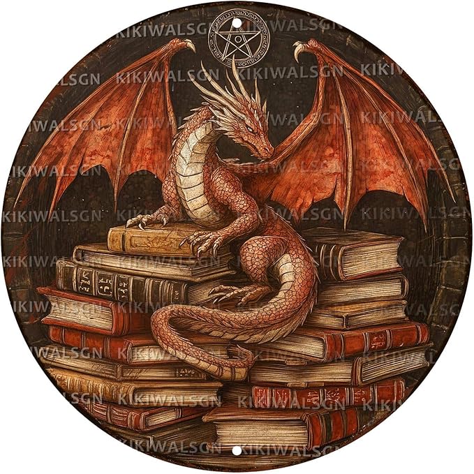 KIKIWALSGN Dragon Decor Vintage Round Metal Sign Retro Books Tin Sign Wall Decor Bedroom Living Room Cafe Library Bookshelf Office 12 * 12 In