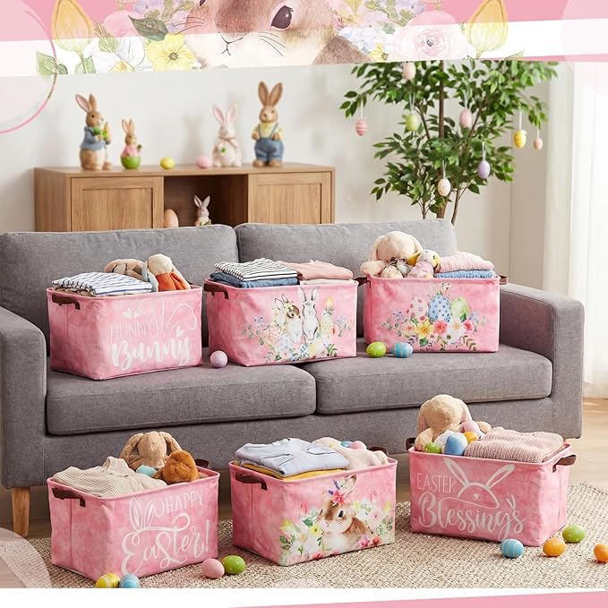 CHENGU 6 Pack Easter Storage Bin Collapsible Cute Easter Basket for Gift Large Pink Bunny Eggs Holiday Decor Rabbit Hunny Bunny Basket Foldable Farmhouse Flower Box with Handle for Bedroom Office Home