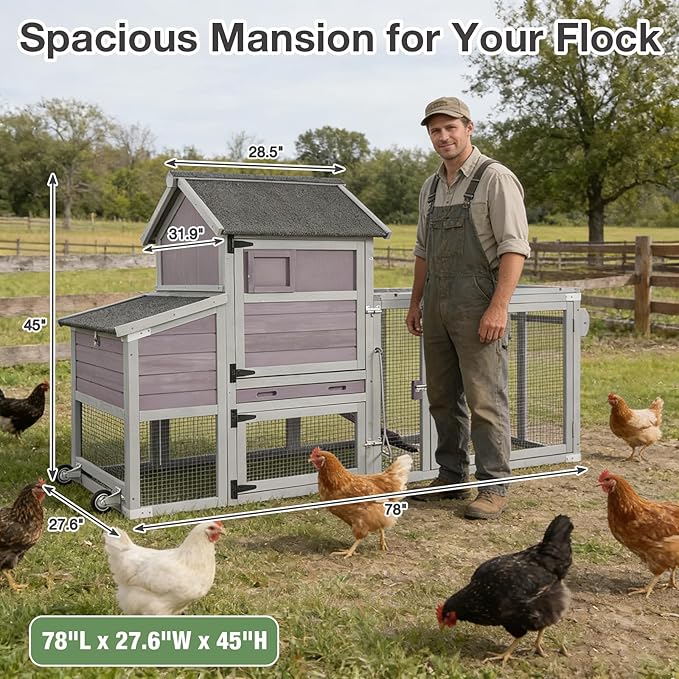 Mobile Chicken Coop for 2-4 Chickens – Weather-Resistant Wooden Hen House with Wheels, Nesting Box, Leakproof Tray & UV-Protected Roof