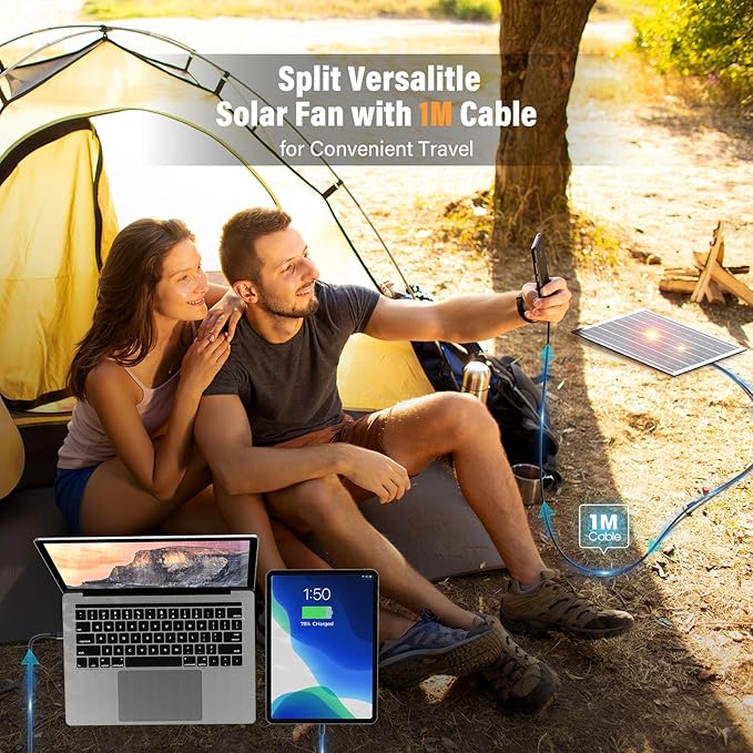 10400mAh Solar Fan with LED Lantern, Camping Fan with 7W Solar Panel, Rechargeable Solar Powered for Outside, Quiet Battery Operated Tent for Picnic, Barbecue, Fishing, Travel