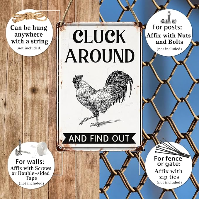 Cluck Around and Find Out Metal Tin Sign for Home Farmhouse Chicken Coop Home Kitchen Wall Decoration Chicken Coop Accessories Decor Wall Art 8x12 Inch