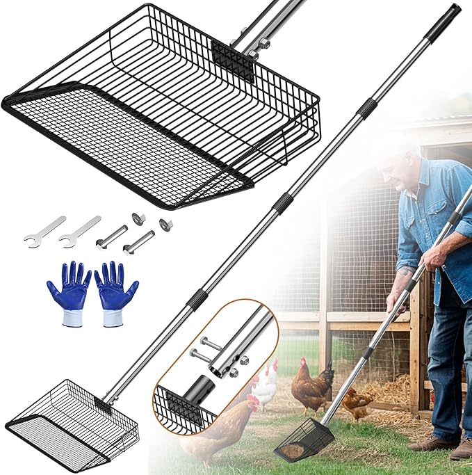 Large Metal Chicken Poop Scooper 10" Wide, Stainless Steel Long Handle (27.9 to 54.7") Heavy Duty Litter Sifting Shovel, Poultry Litter Scooper for Chicken Coops, Sheep Pens and Cat Litter Box