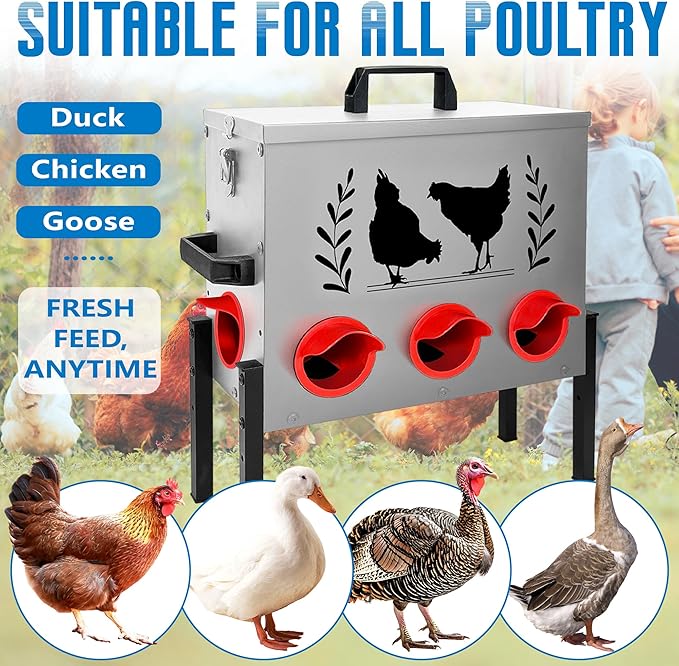 Chicken Feeders, 50 lb Capacity 8 Port Automatic Chicken Feeder, Metal Chick Feeders with Locking Lid and Legs, Chicken Feeder for Chickens, Ducks, Geese，Silver