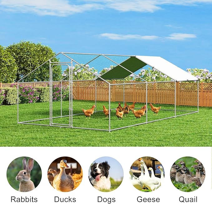 Large Metal Chicken Coop with Weatherproof Cover and Multi-Purpose Chicken Run for Chickens, Ducks, Rabbits, Farm and Yard Animal Pen (10’ W x 19.7’ L x 6.4’ H, Spire Roof)