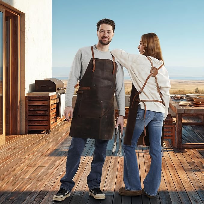 Theodore Premium Top Grain Leather Apron with Cross‑Back for Men & Women – 32.5″ × 24.5″ Heavy‑Duty BBQ, Cooking, Woodworking Apron with Two Large Tool Pockets