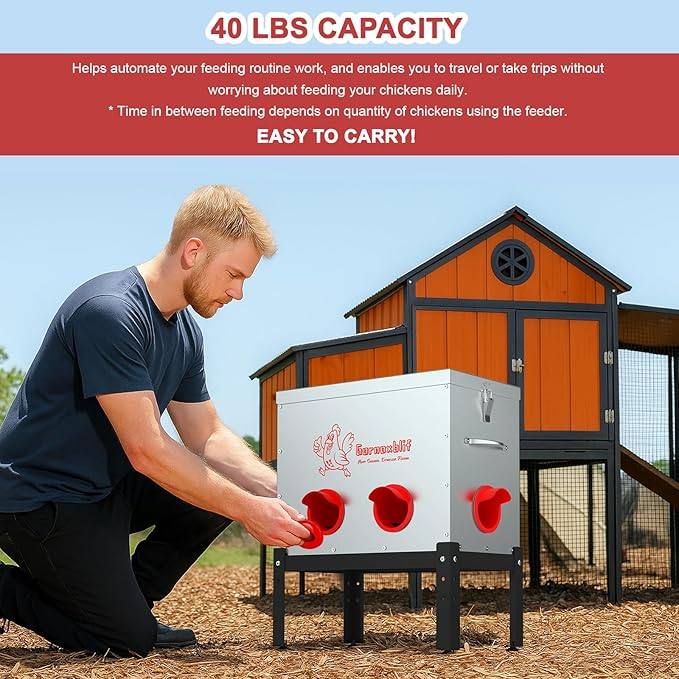 Automatic Chicken Feeder, 40 Lb Capacity 6 Port Large Metal Chicken Feeders, No Waste Poultry Feeder with Locking Lid & Legs, Chicken Feeder for Inside Outdoor Chicken Coops
