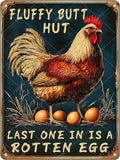 Chicken Metal Tin Sign and Egg Poster Fluffy Butt Hut Vintage Tin Sign for Family Kitchen Bar Farm Garden Wall Plaque 16x12 Inch