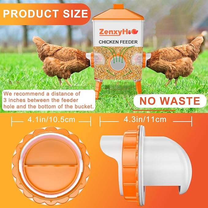 DIY Chicken Feeders No Waste, 4 Ports Poultry Feeder with Hole Saw for Buckets Troughs Orange