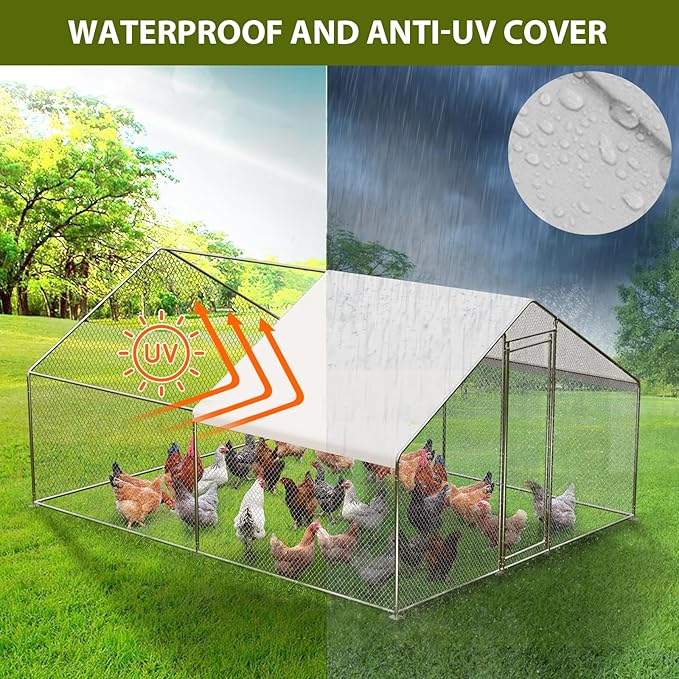 Large Metal Chicken Coop with Waterproof Cover, 10 x 13.1 x 6.5 Ft Walk-in Chicken Runs for Yard, Galvanized Wire Poultry Chickens Hen Pen Cage for Backyard Farm