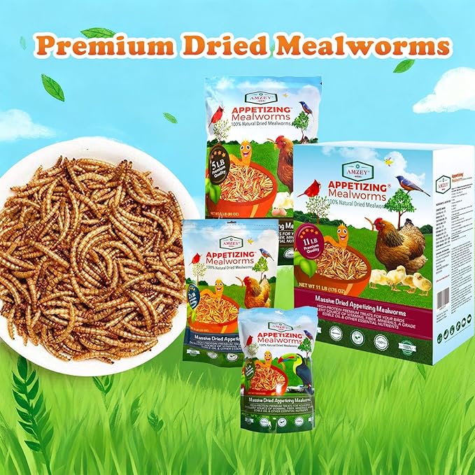 Amzey Dried Mealworms 5 LB, 100% Natural Meal Worms for Chicken & Birds, Organic Chicken Feed for Laying Hens, High Protein and Nutrition, Zipped Bag