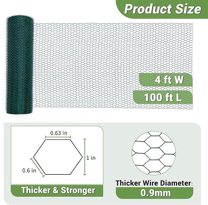 Chicken Wire Fencing Mesh, Galvanized Hexagonal Floral Chicken Wire, Outdoor Anti-Rust Poultry Netting for Garden Fence (4 ft x 100 ft, PVC Coated)