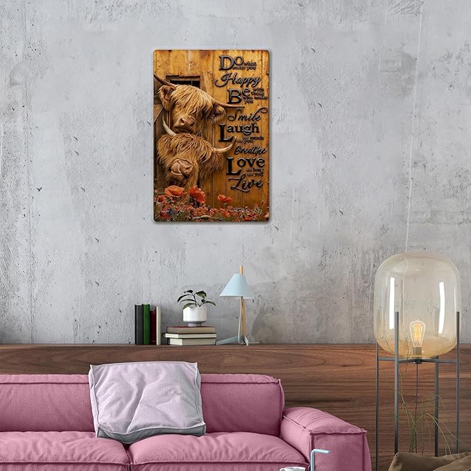 Highland Cow Wall Art Farmhouse Metal Signs Farmhouse Wall Decor Rustic Wall Art Country Wall Decor Inspirational Highland Cow Decor Tin Sign Rustic for Home Bedroom Living Room, 8x12 Inch